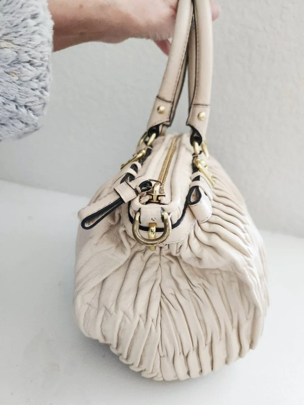 Coach Sophia Gathered Beige Leather Satchel Handbag Purse